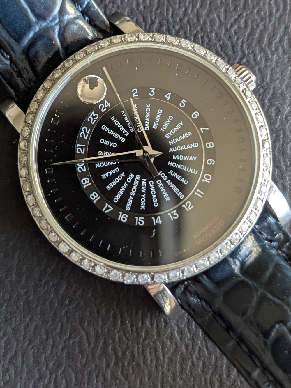 Movado Black Dial World Time Watch with DIAMOND Bezel